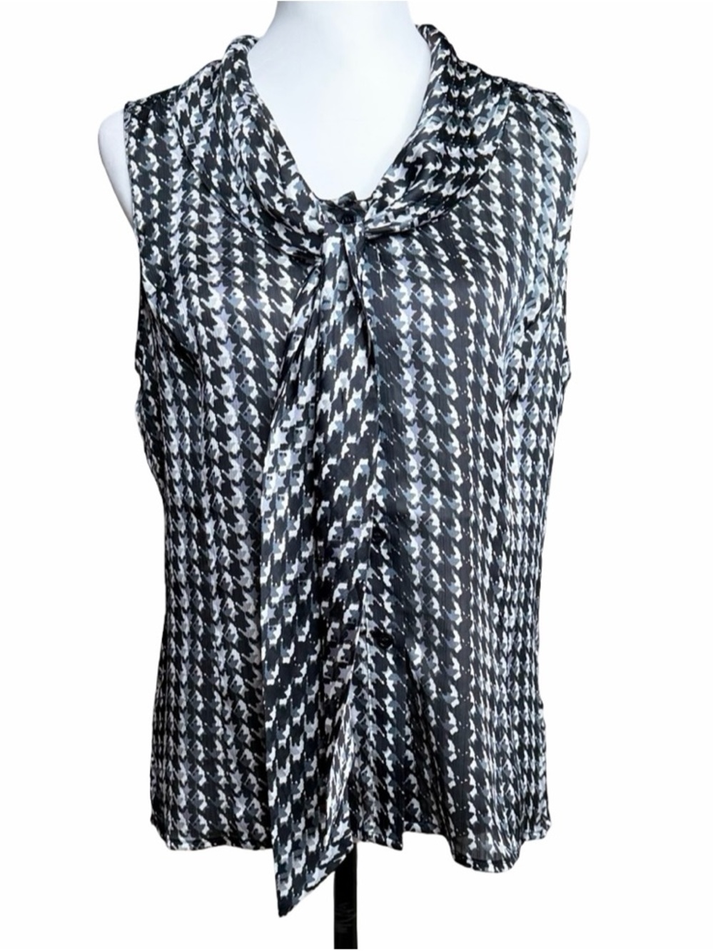 Tahari Arthur S. Levine Bow Sleeveless Houndstooth Work Blouse‎ Sz M